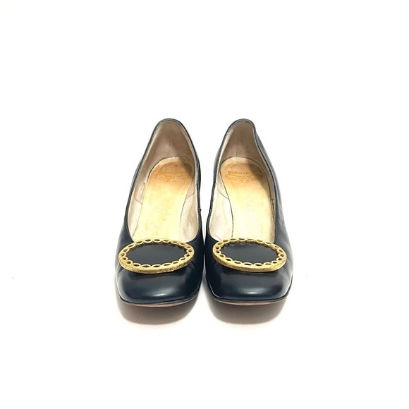 Vintage 1960s black leather oversize buckle slip on pilgrim heels - Picture 3 of 8